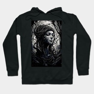 and white image depicts a woman with a tree sprouting blackfrom her head Hoodie